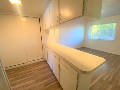 A kitchen with white cabinets and a window.