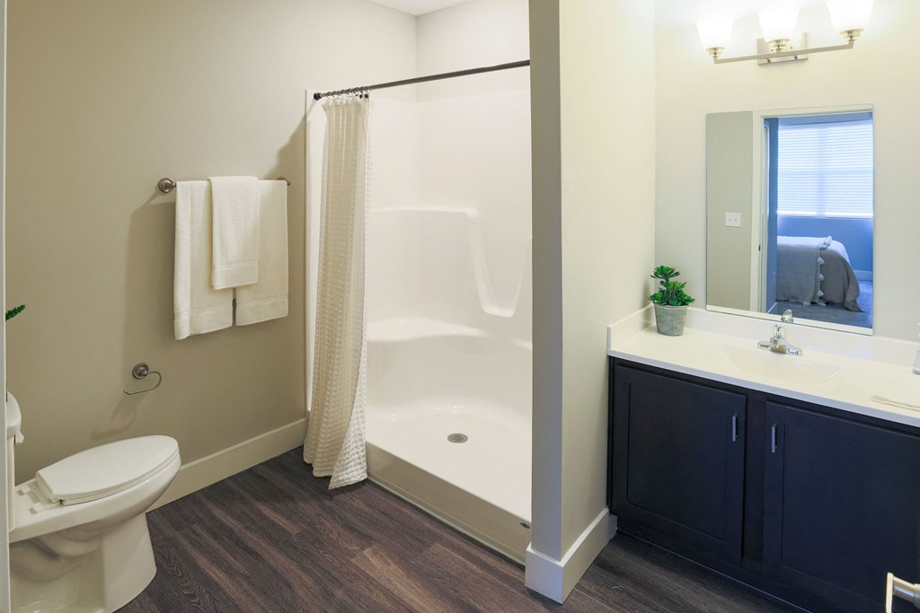 a bathroom with a shower and a toilet and a sink