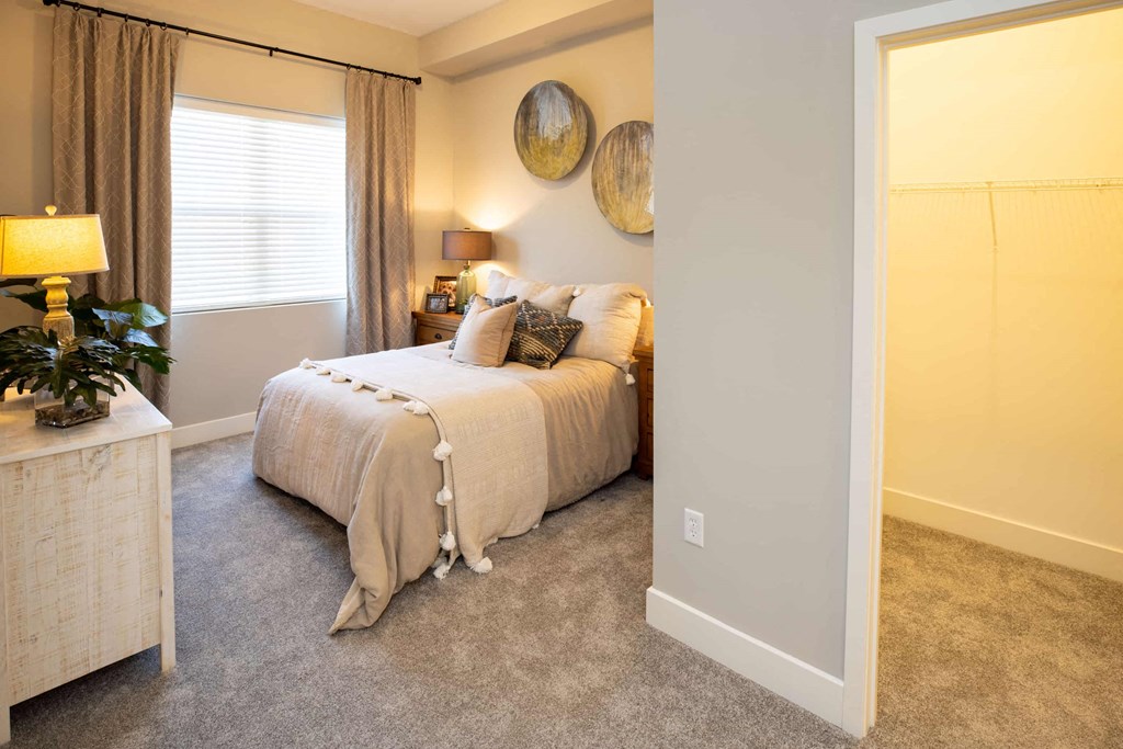 a bedroom with a bed and a closet