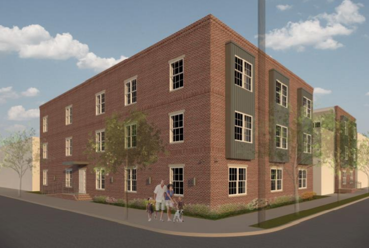 a rendering of a large brick building with people walking