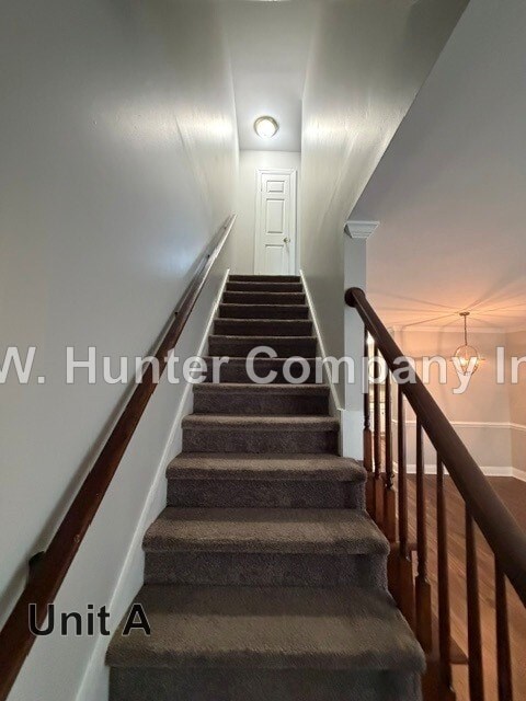 A staircase with a carpeted runner and wooden handrails.