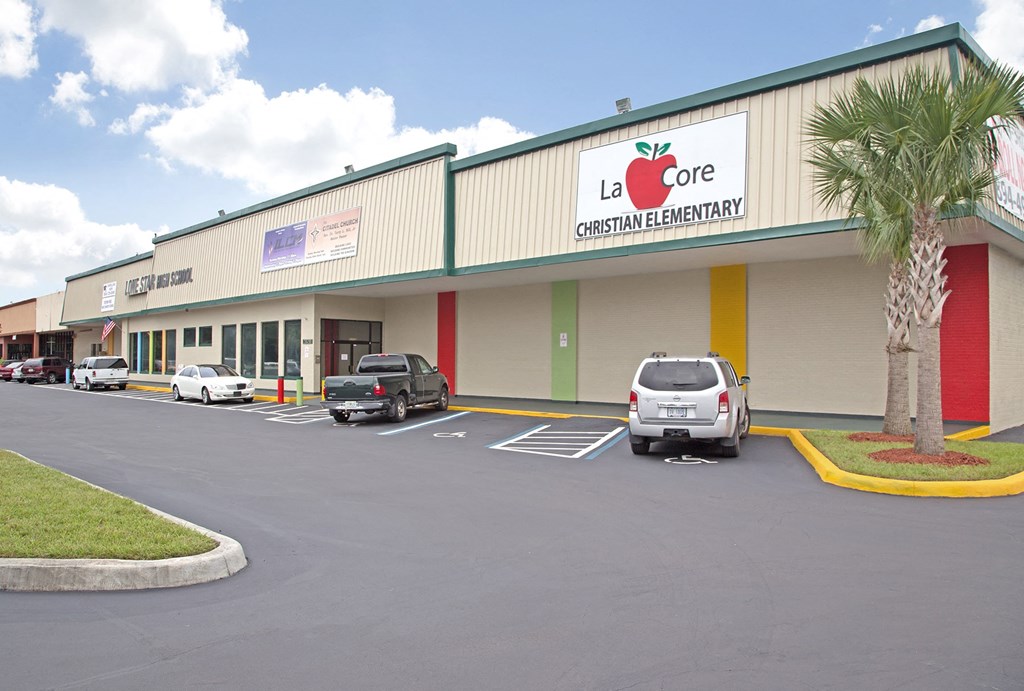 A parking lot in front of La Core Christian Elementary school.
