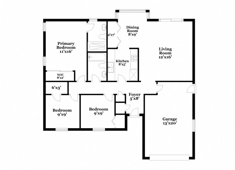 a floor plan of a home with two bedrooms and two baths and a garage