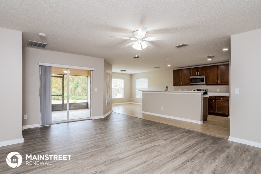 the living room and kitchen of an open floor plan