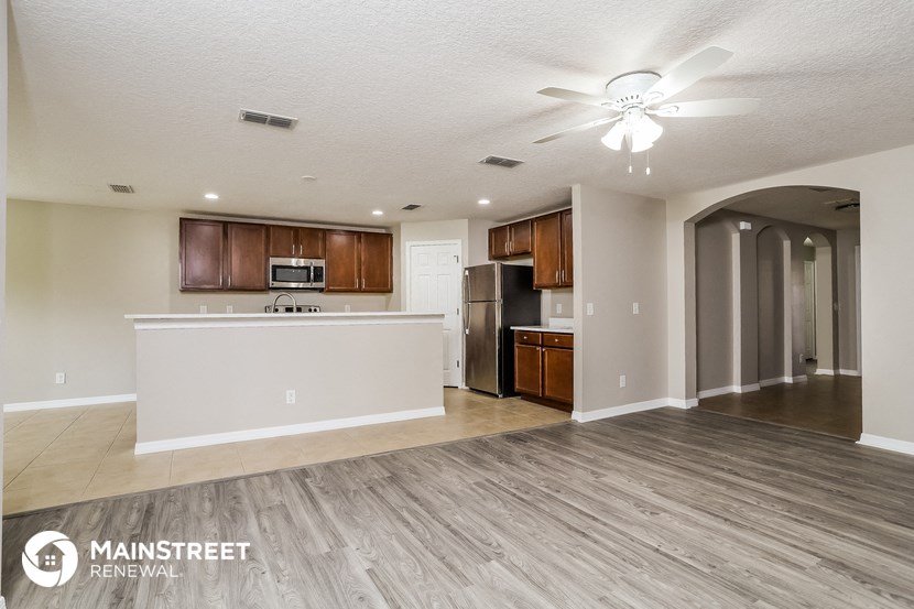 the kitchen and living room of an open floor plan