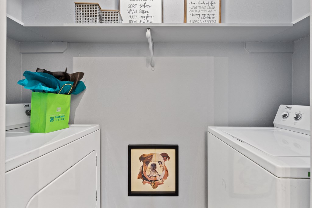 a small laundry room with a washing machine and a painting of a dog