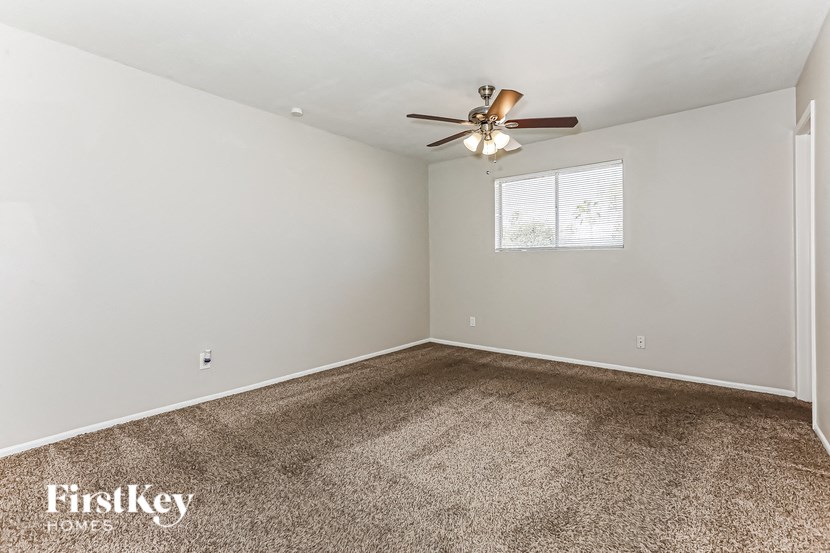 A room with a carpeted floor, a ceiling fan, and a window with blinds.