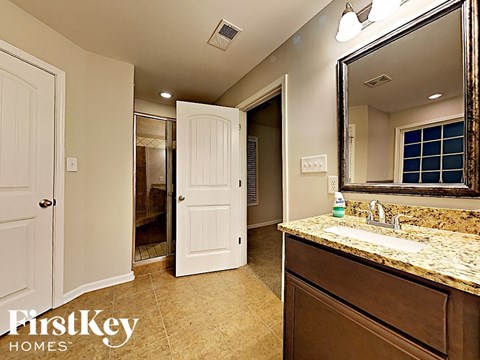 a bathroom with a sink and a mirror and a closet
