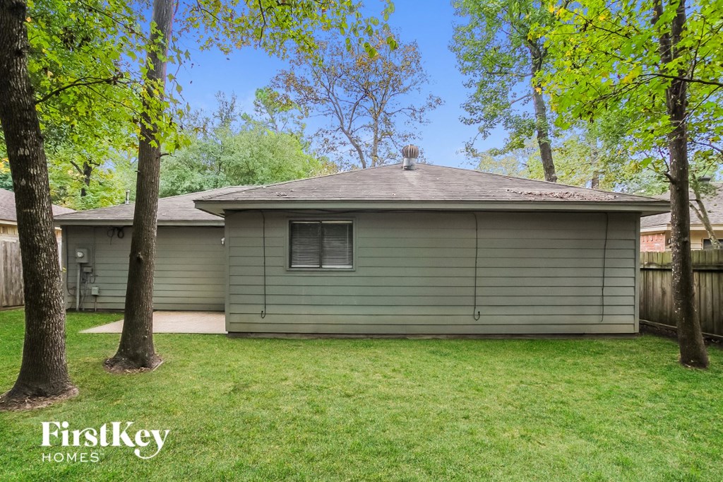 a small green house in a backyard with trees