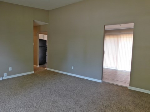 a living room with a carpet and a door to a kitchen