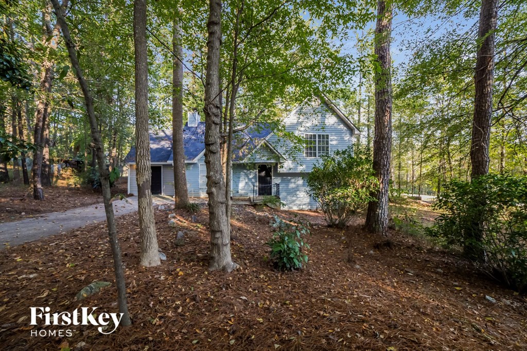 a blue house in the woods with trees