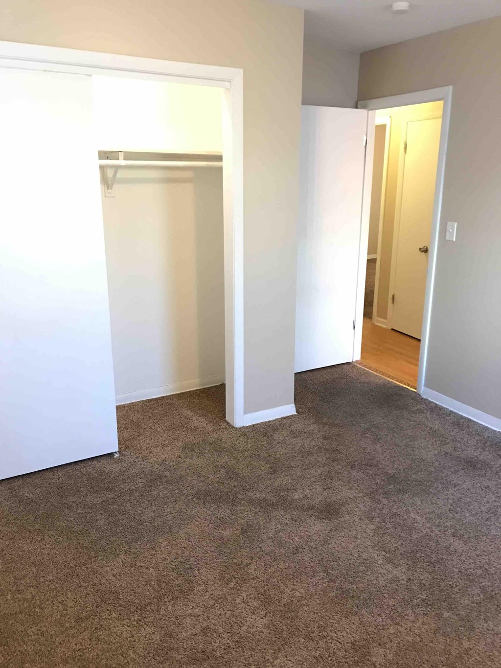 a room with a carpet and a closet