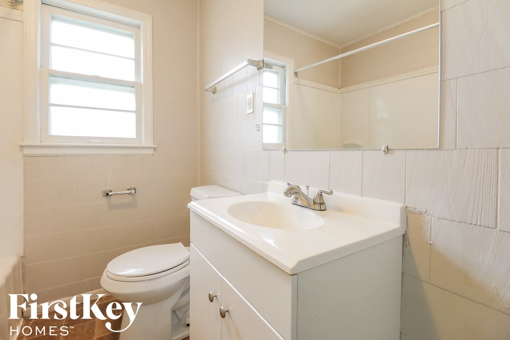 a bathroom with a sink and a toilet and a mirror