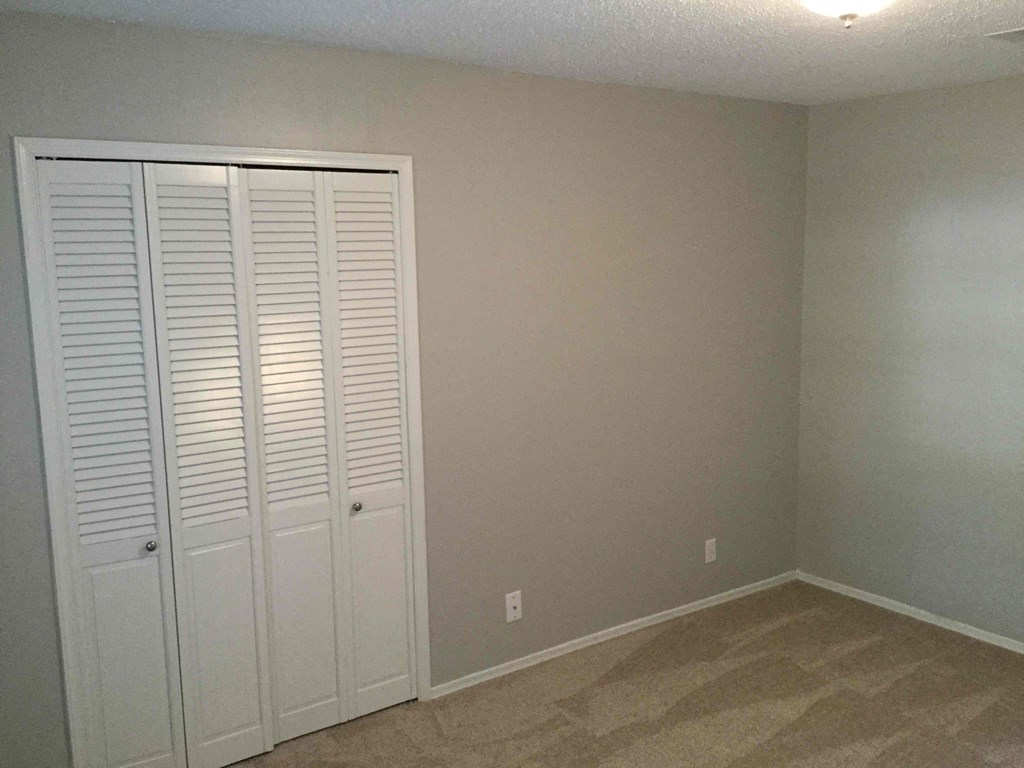 a bedroom with two closets and a carpeted floor