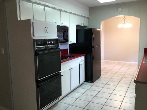 a kitchen with a stove refrigerator and a sink