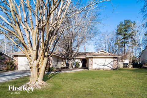 a home with a large tree in the front yard