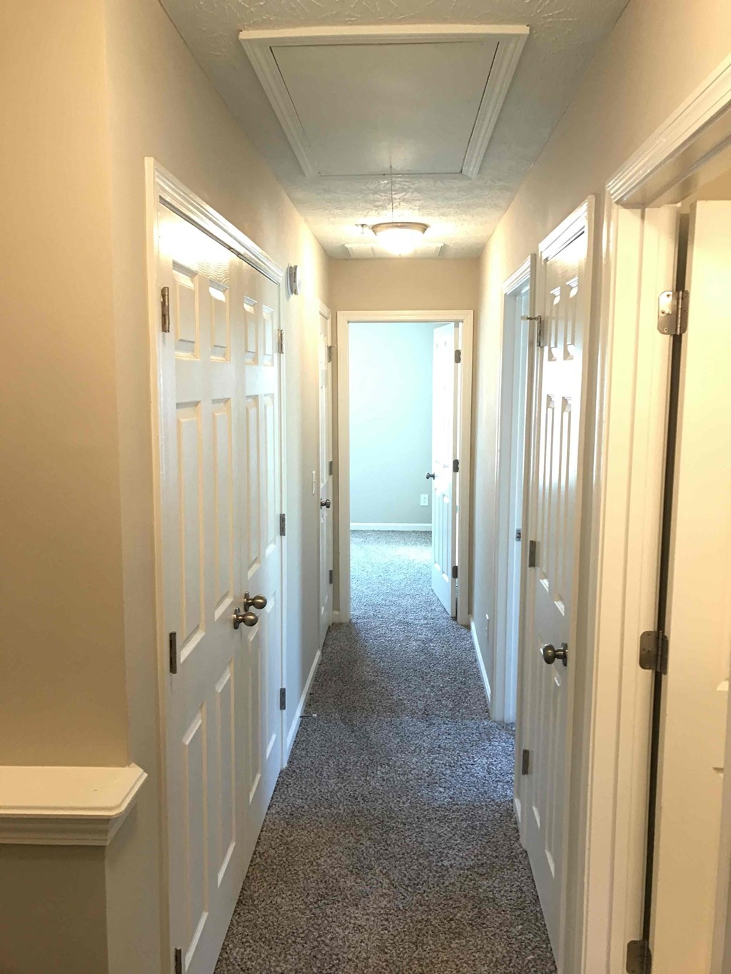 a long hallway with white doors and a carpeted floor