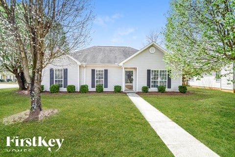 A house with a white front yard and a tree.