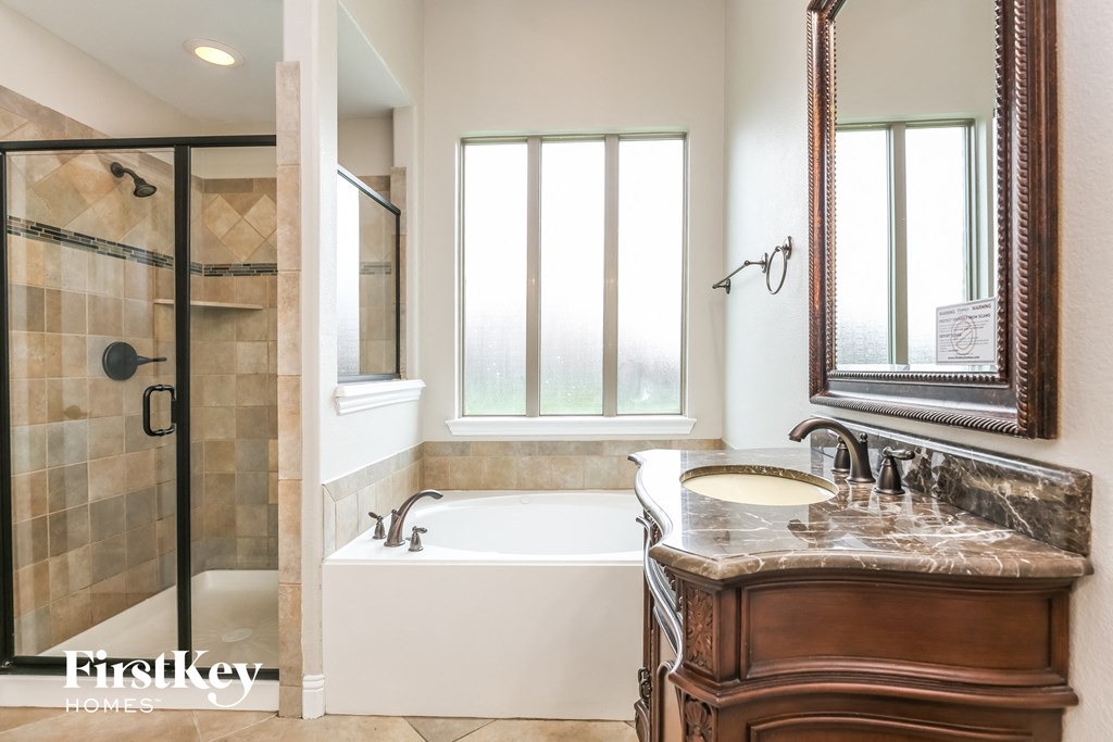 a bathroom with a tub and a sink and a mirror