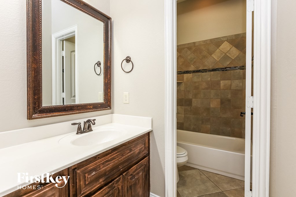a bathroom with a sink and a shower and a mirror