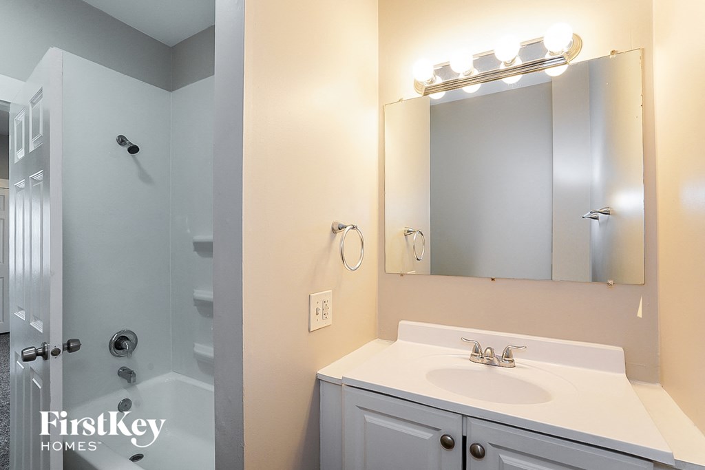 a bathroom with a sink and a mirror and a shower