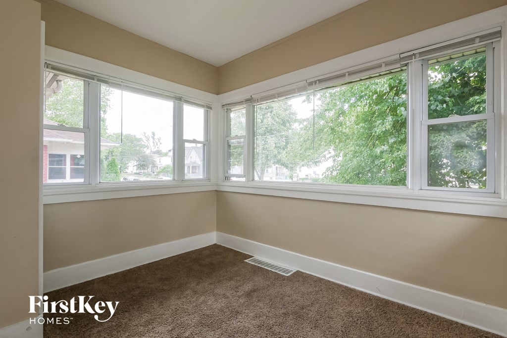 A room with a carpet floor and a window overlooking a tree.