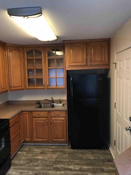 a kitchen with a black refrigerator and a sink