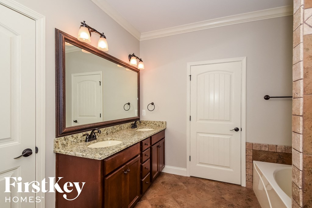 a bathroom with a sink and a mirror and a tub