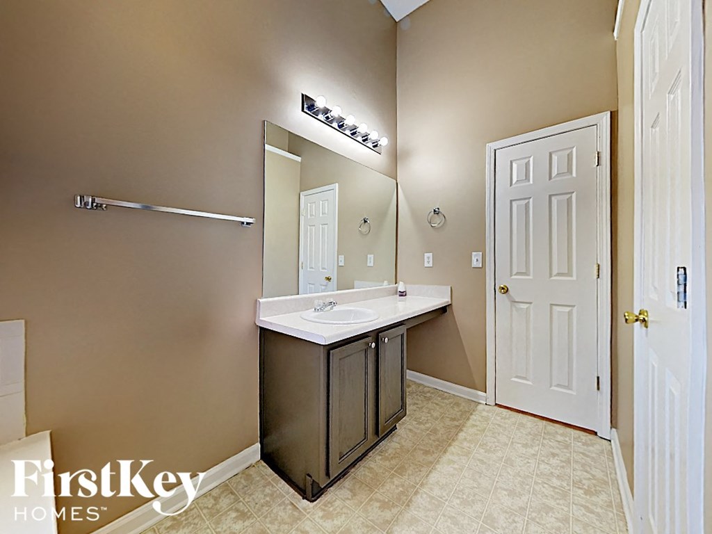 a bathroom with a sink and a large mirror