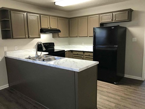 a kitchen with a sink and a black refrigerator