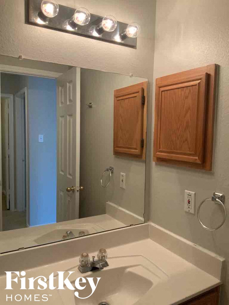 a bathroom with a sink and a mirror