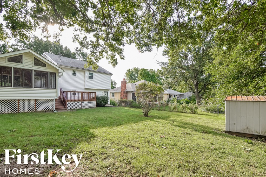 A backyard with a shed and a tree in the foreground.