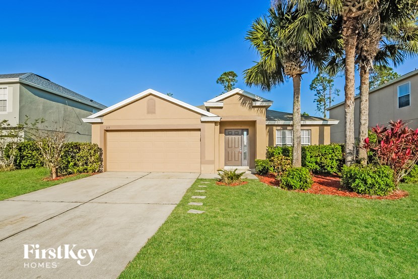 A house with a driveway and a palm tree in front.