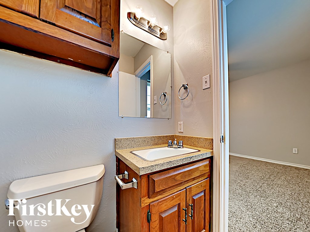 A bathroom with a sink, mirror, and wooden cabinets.