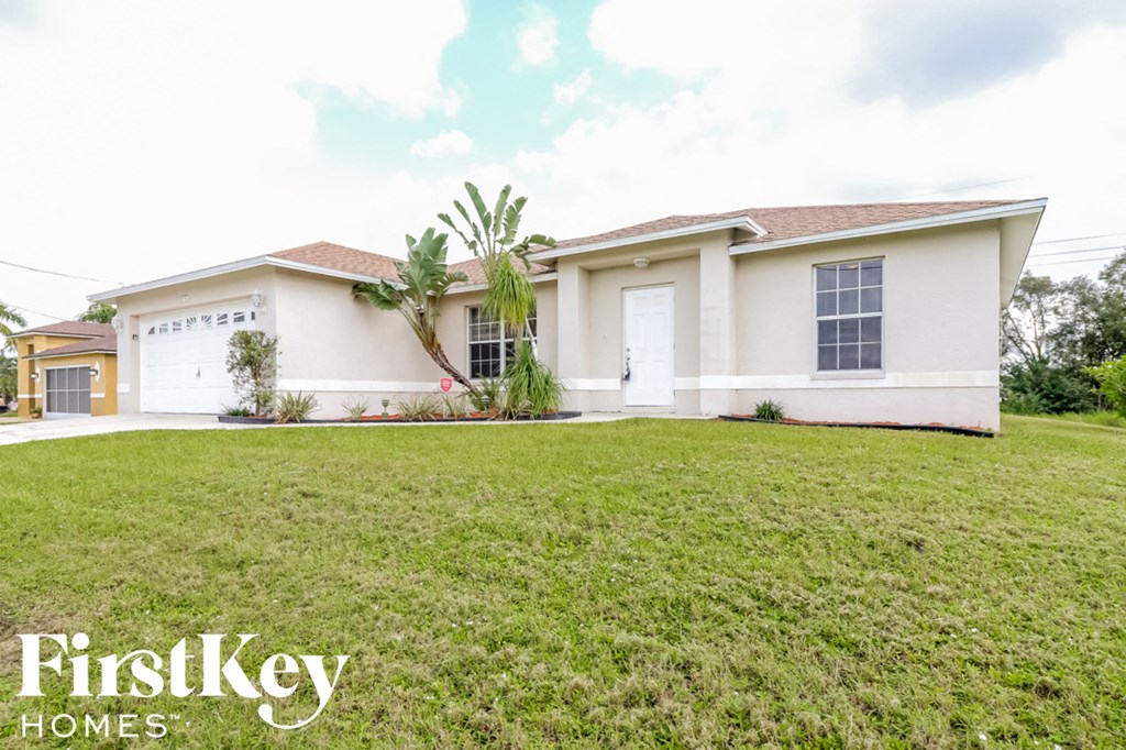 a house with a lawn and a palm tree