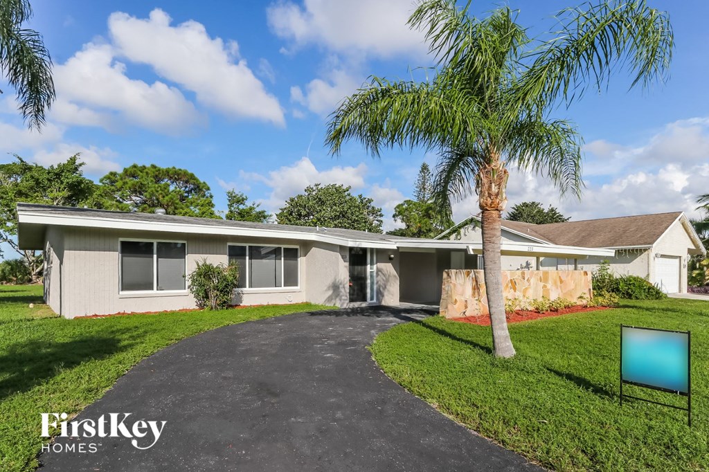 a white house with a palm tree in the driveway
