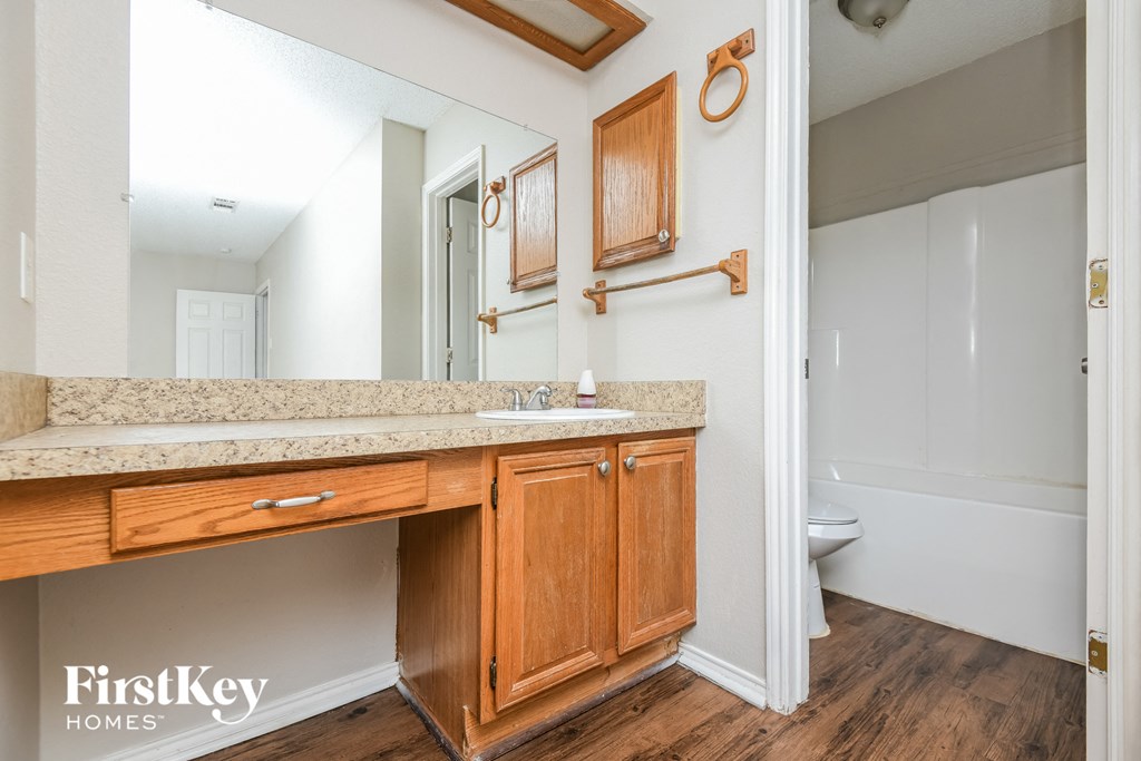 a bathroom with a sink and a mirror and a toilet