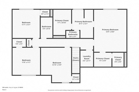 A floor plan of a house with a primary bedroom, two bathrooms, and a laundry room.