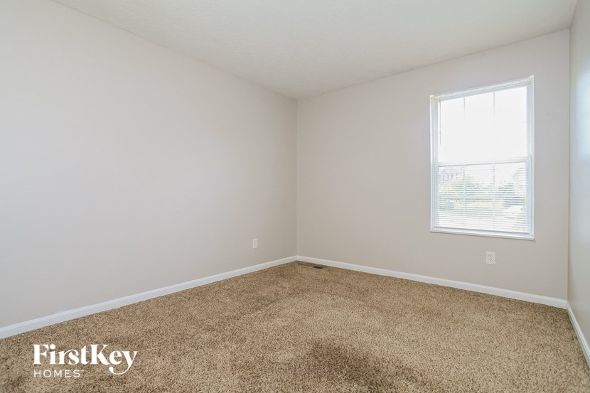 a bedroom with a carpeted floor and a window