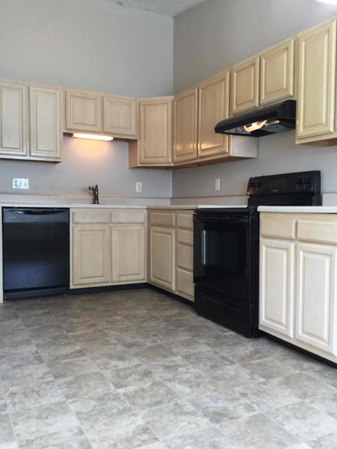 A kitchen with black appliances and wooden cabinets.