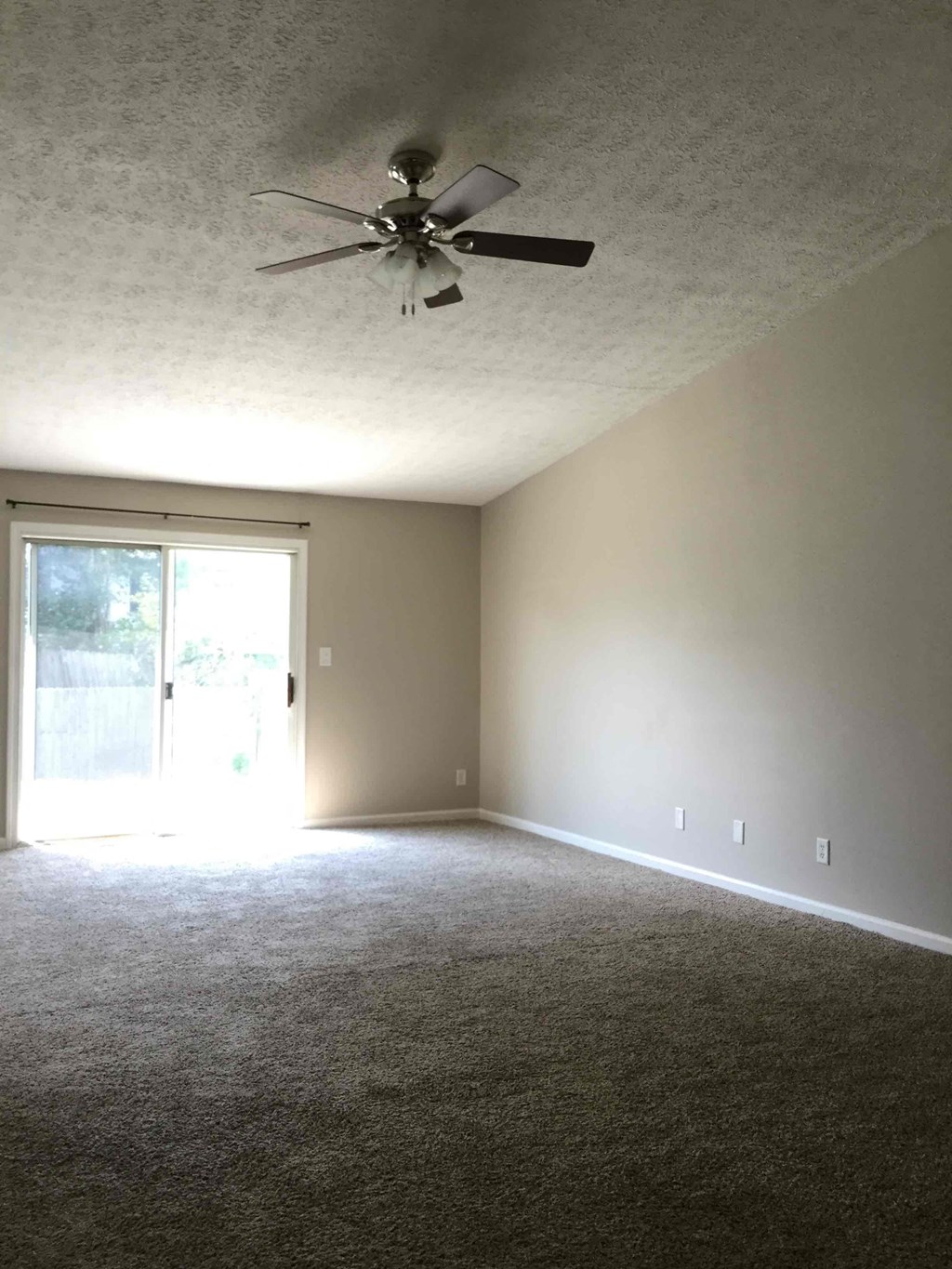 A room with a ceiling fan and carpeted floor.