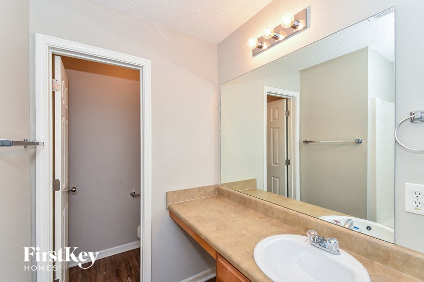 a bathroom with a sink and a mirror and a shower