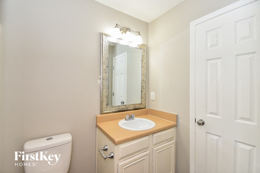 a bathroom with a sink and a mirror and a white door