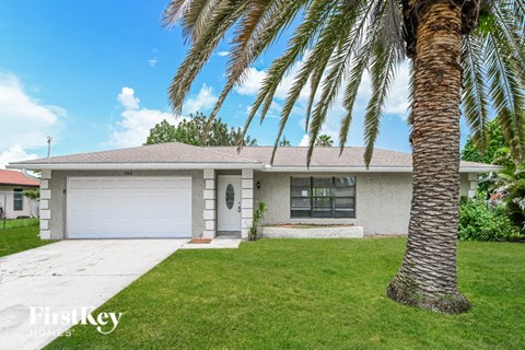 a white house with a palm tree in the yard