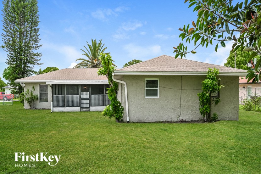 a small white house with a yard and a palm tree