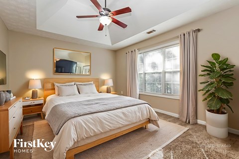 A bedroom with a large bed, a ceiling fan, and a potted plant.