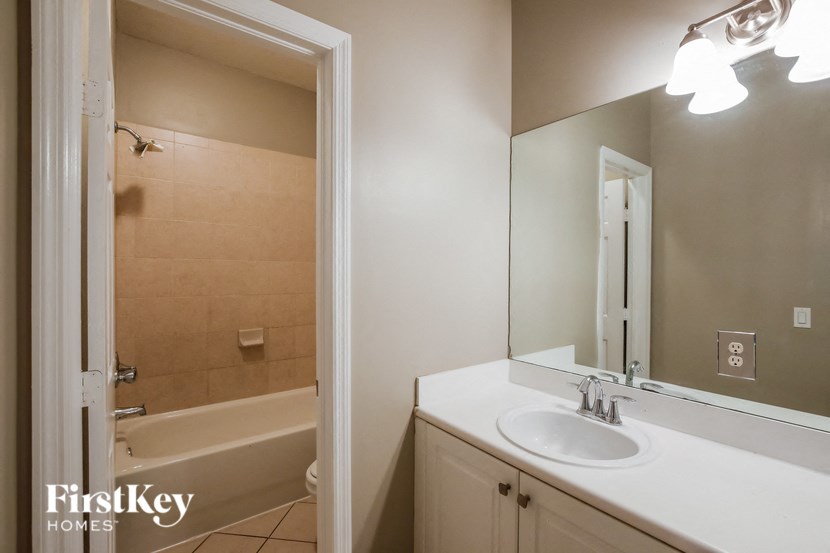 a bathroom with a sink and a shower and a mirror