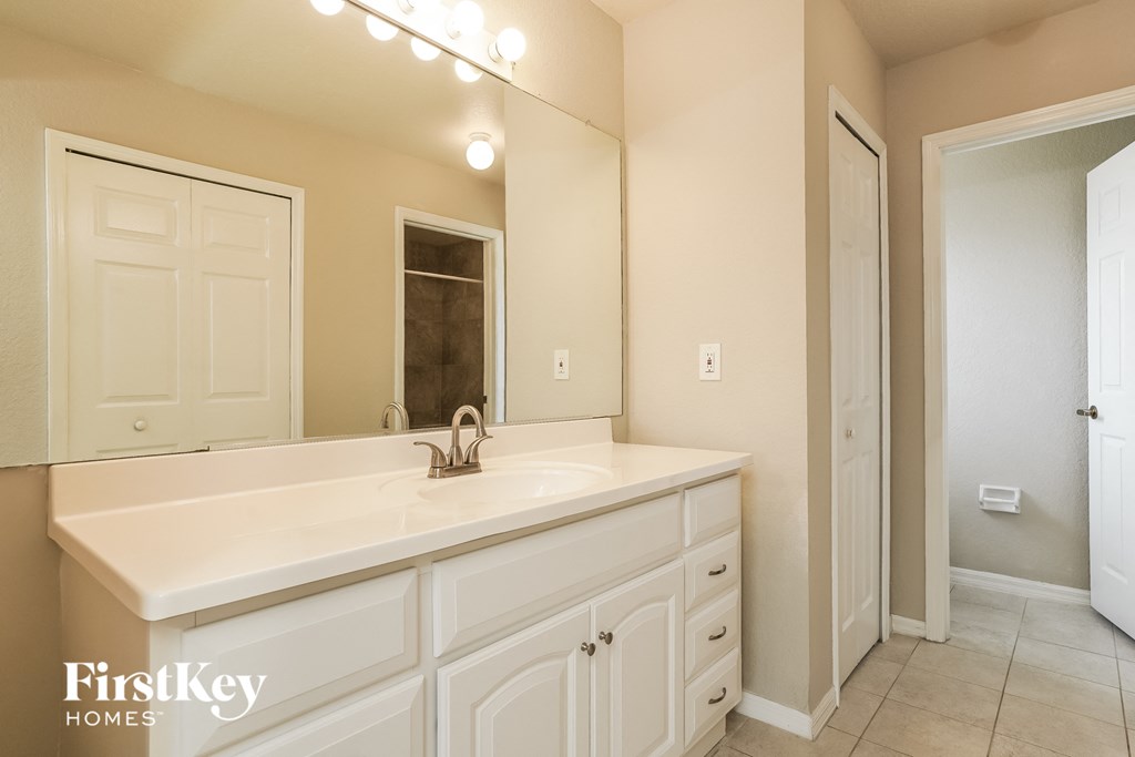 a bathroom with a large sink and a mirror
