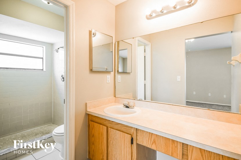 a bathroom with a sink and a shower and a mirror