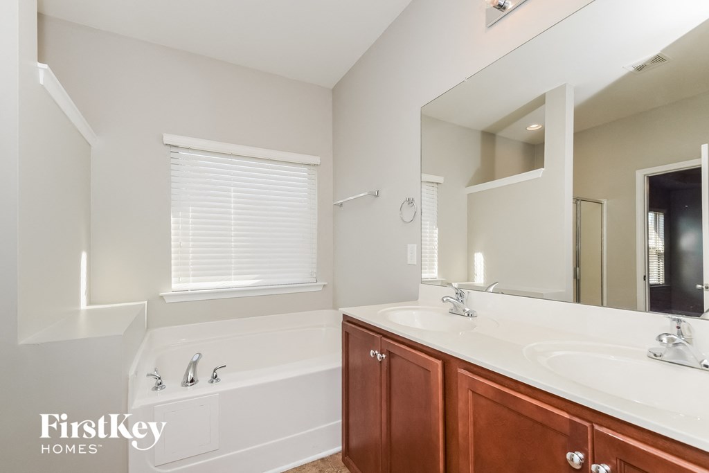 a bathroom with a tub and a sink and a mirror